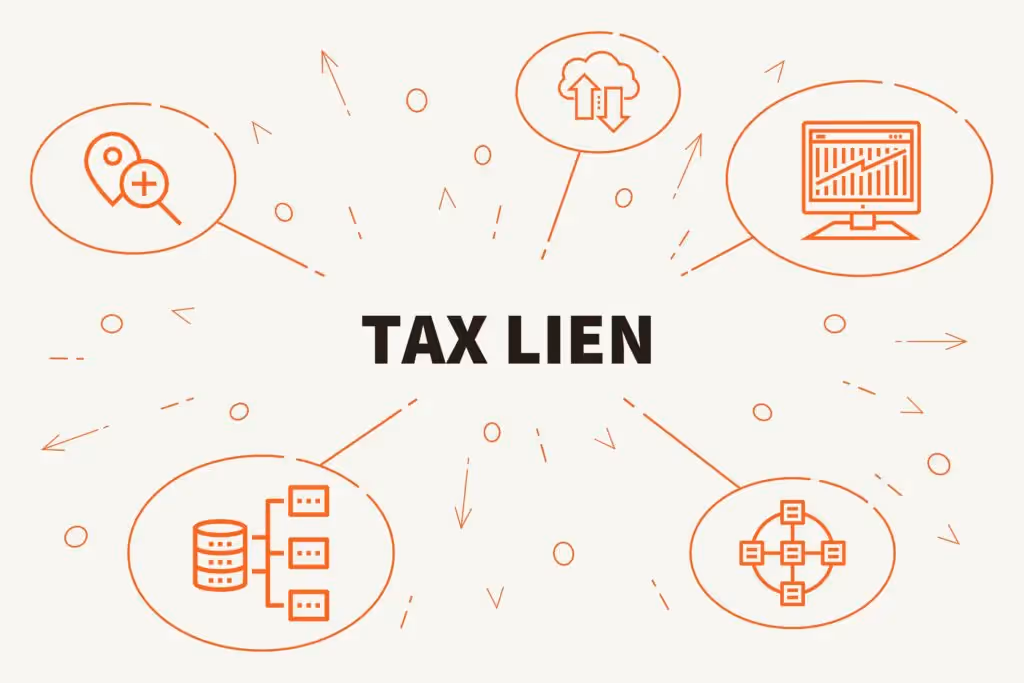 Yellow sticky note with "Tax Lien" written, near financial documents and calculator