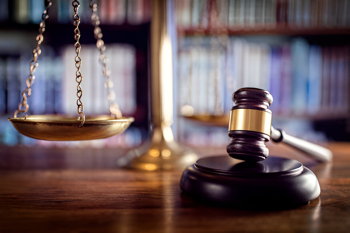 Scales of justice and wooden gavel on desk with law books background