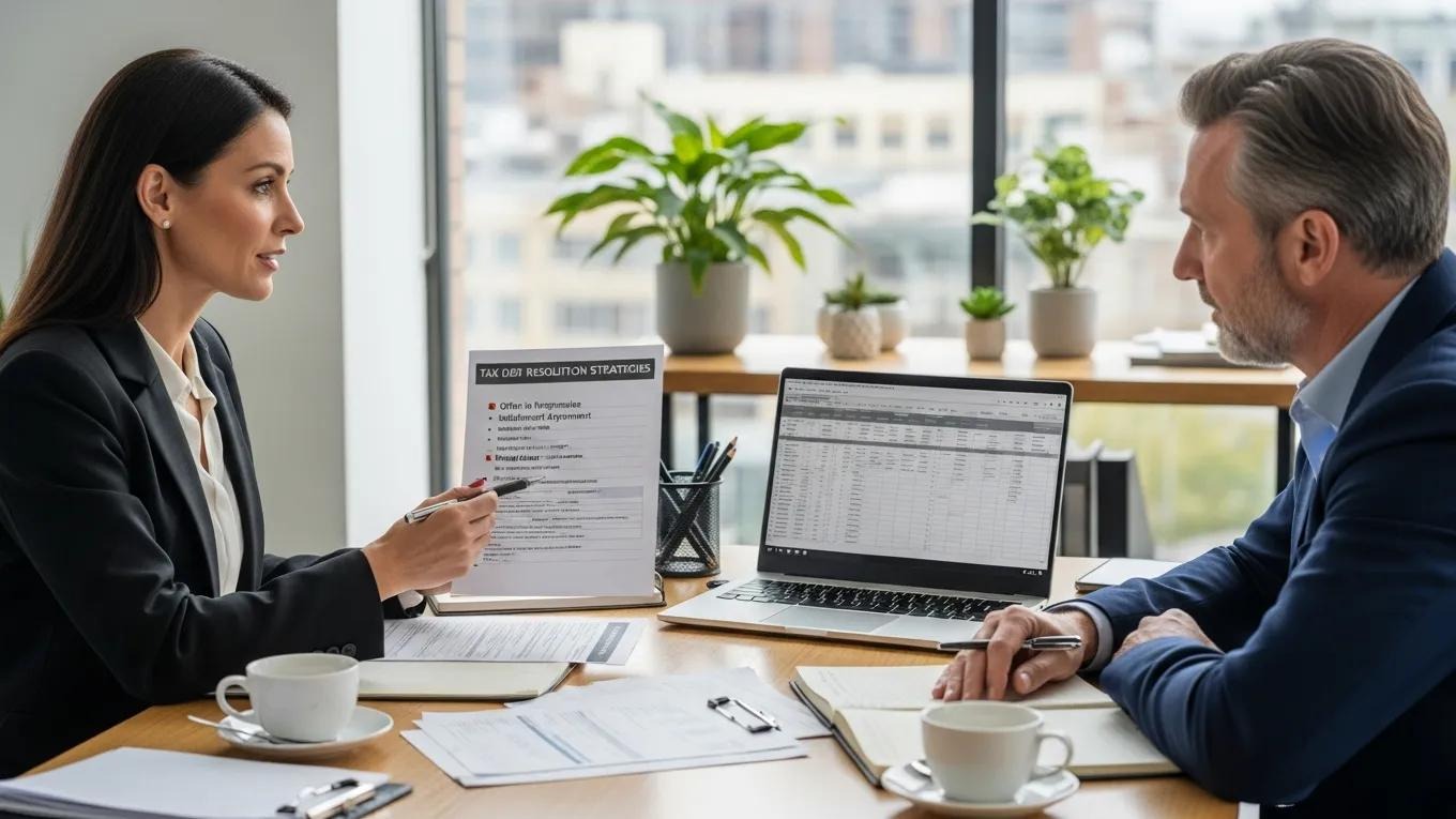 Tax lawyer discussing tax debt resolution options with a client