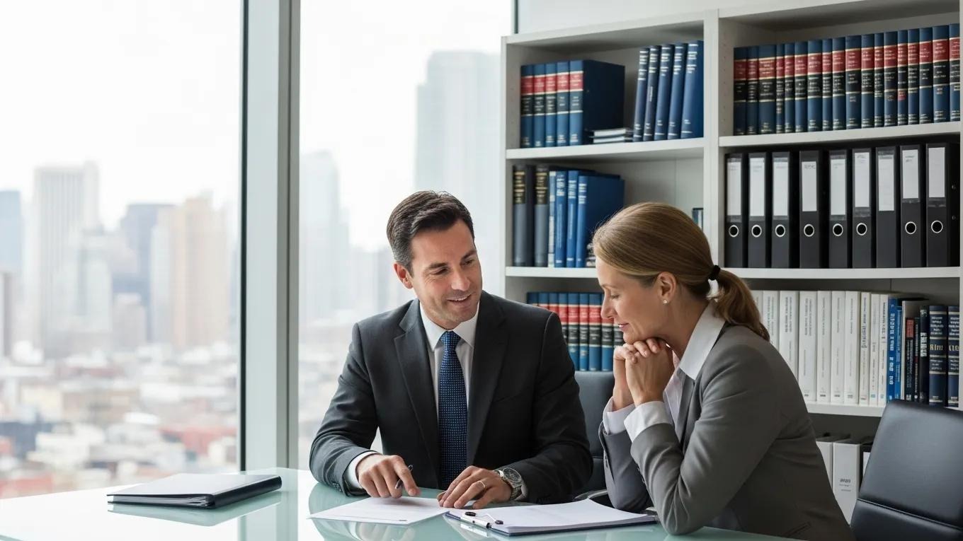 Tax lawyer explaining IRS audit strategies to a client in a modern office
