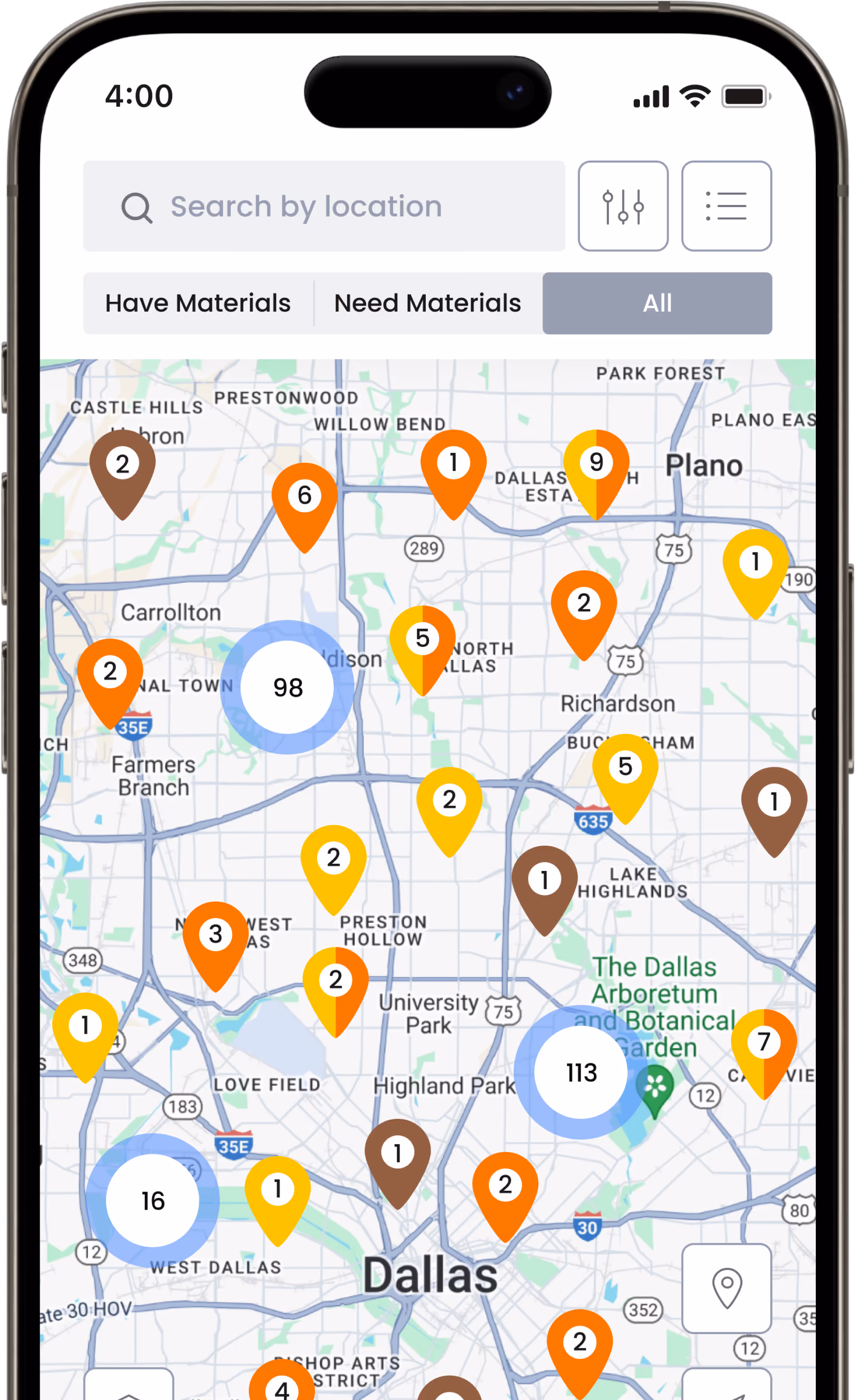 Soil Connect app interface displaying a map with markers indicating material availability and demand in the Dallas area.