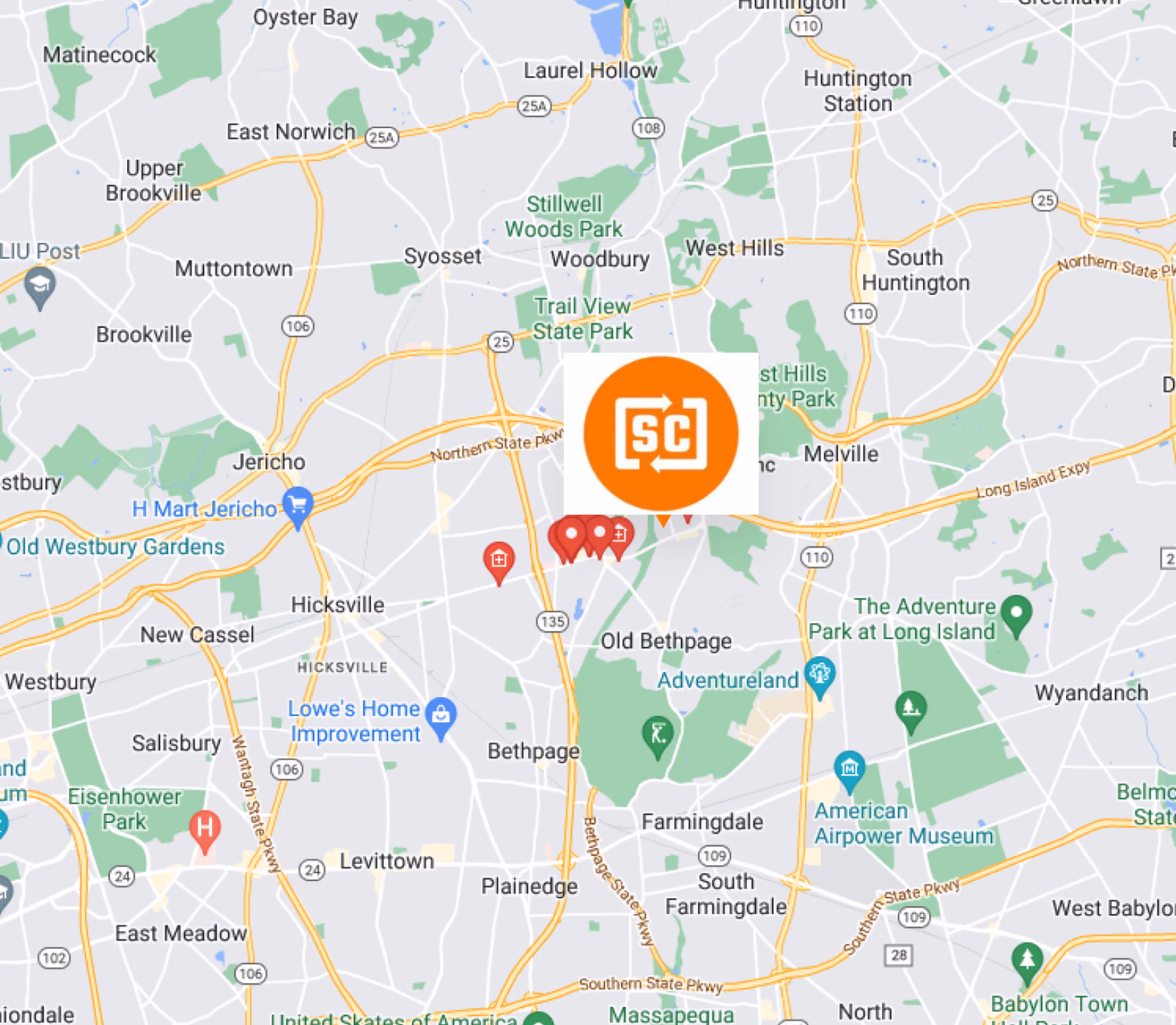 Map highlighting Soil Connect company locations in the Long Island area, with marked points of interest and regional landmarks.