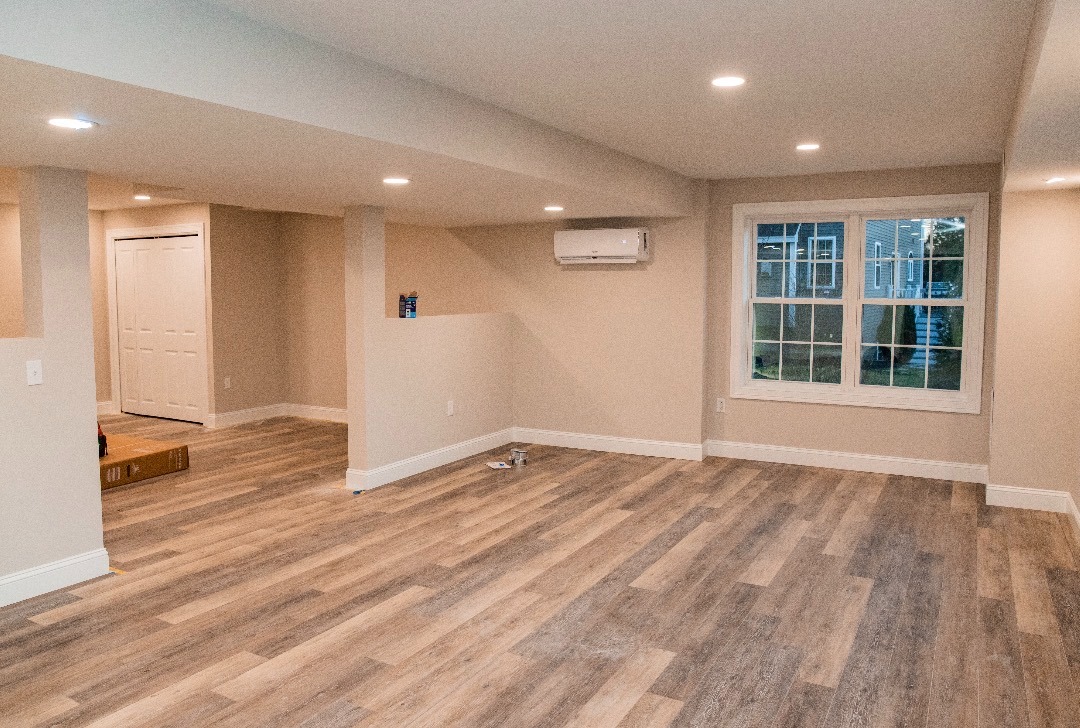 Finished basement remodel in Massachusetts