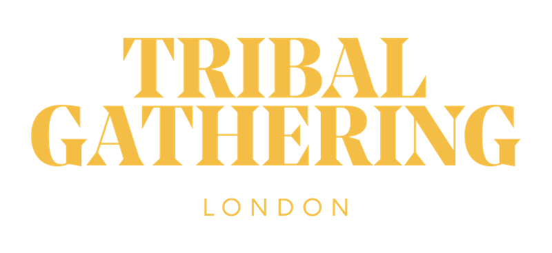 Yellow text reading 'TRIBAL GATHERING' with smaller text 'LONDON' beneath it on a transparent background.