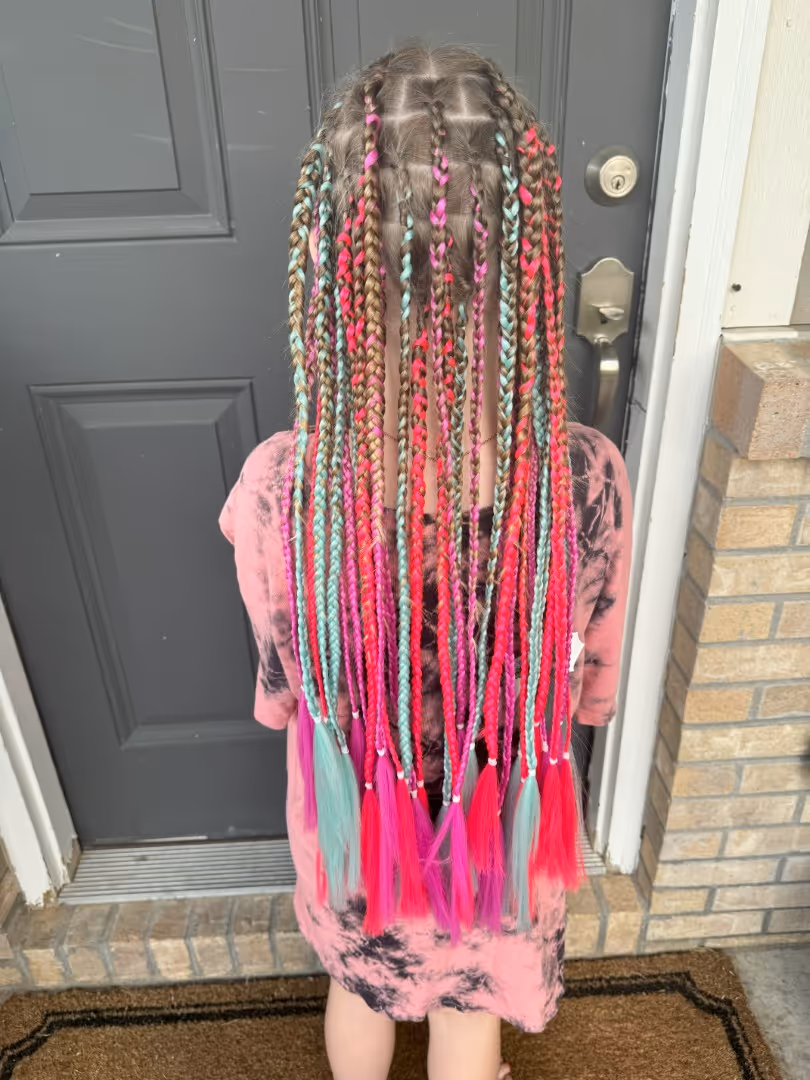 Jo Hearts Hair Denver kids pink teal rainbow unicorn braids colorful extensions