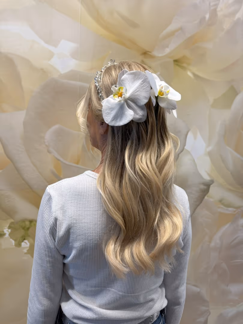 Jo Hearts Hair Denver wedding blonde half up orchids crystal back view