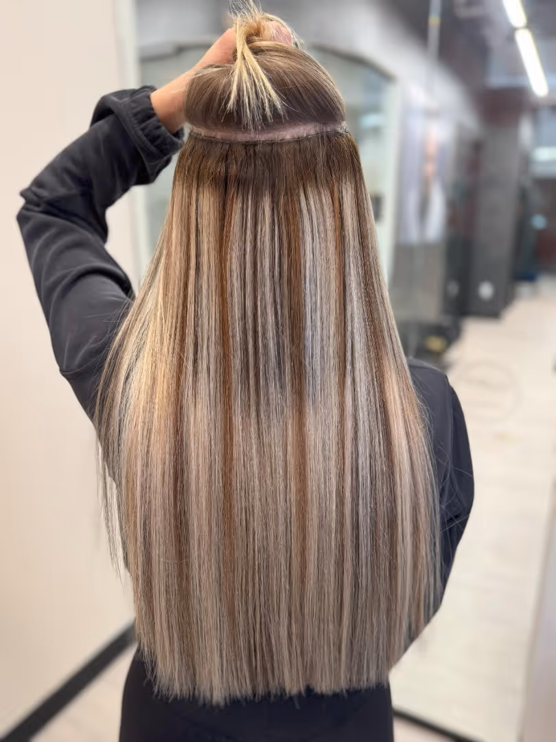 Jo Hearts Hair Denver hand-tied weft extensions blonde dimensional highlights row