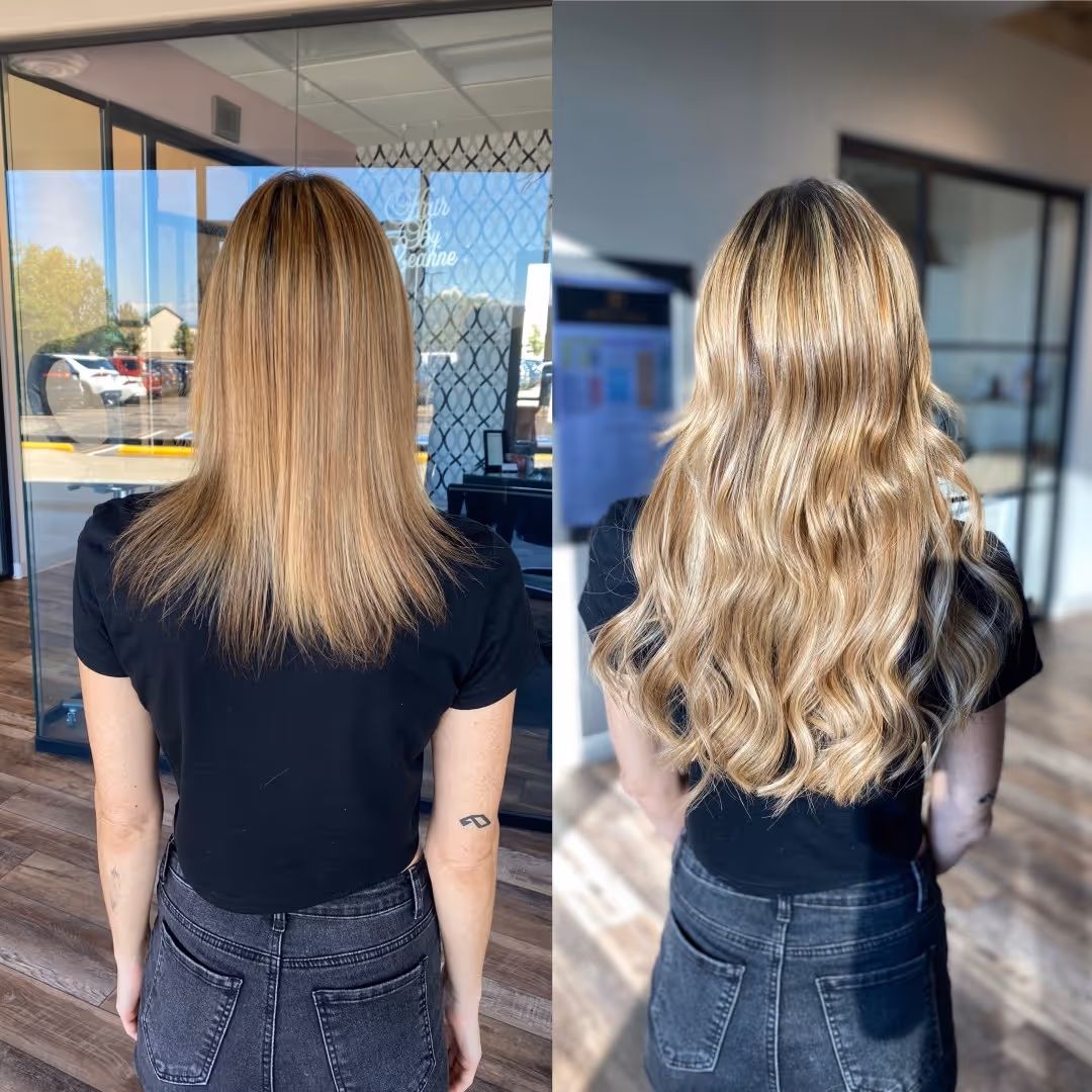 Jo Hearts Hair Denver tape-in extensions blonde caramel before after transformation