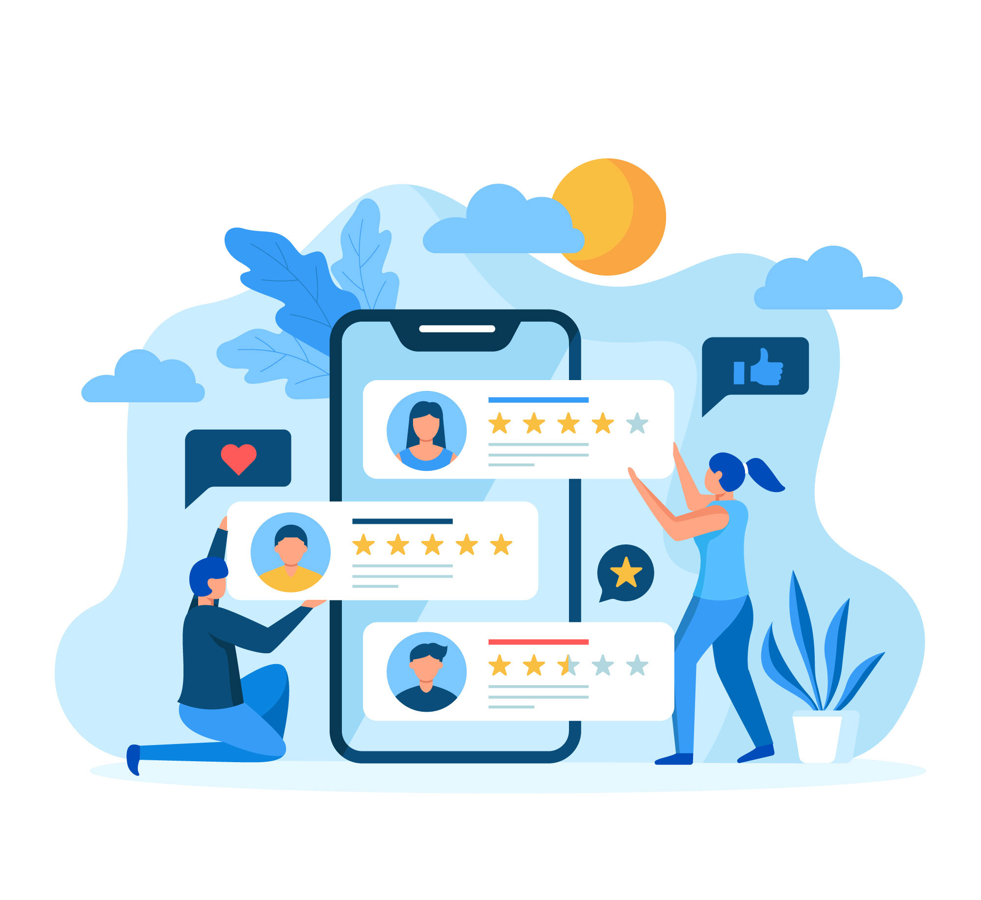 People giving reviews on a big background cellphone - blue images - pixelvec.com