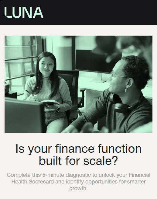 Two professionals discussing work, with the text ‘Is your function built for scale?’ and a financial diagnostic call-to-action