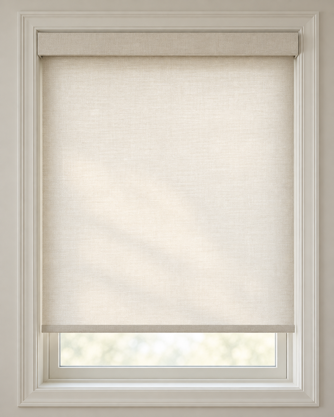 Ivory light filtering roller shade with diffused daylight, fabric-wrapped square cassette, and hem bar.