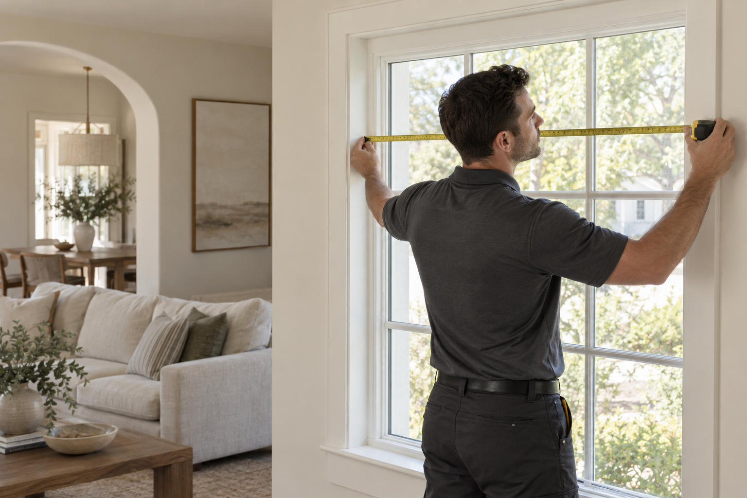 A shade specialist measuring a window frame