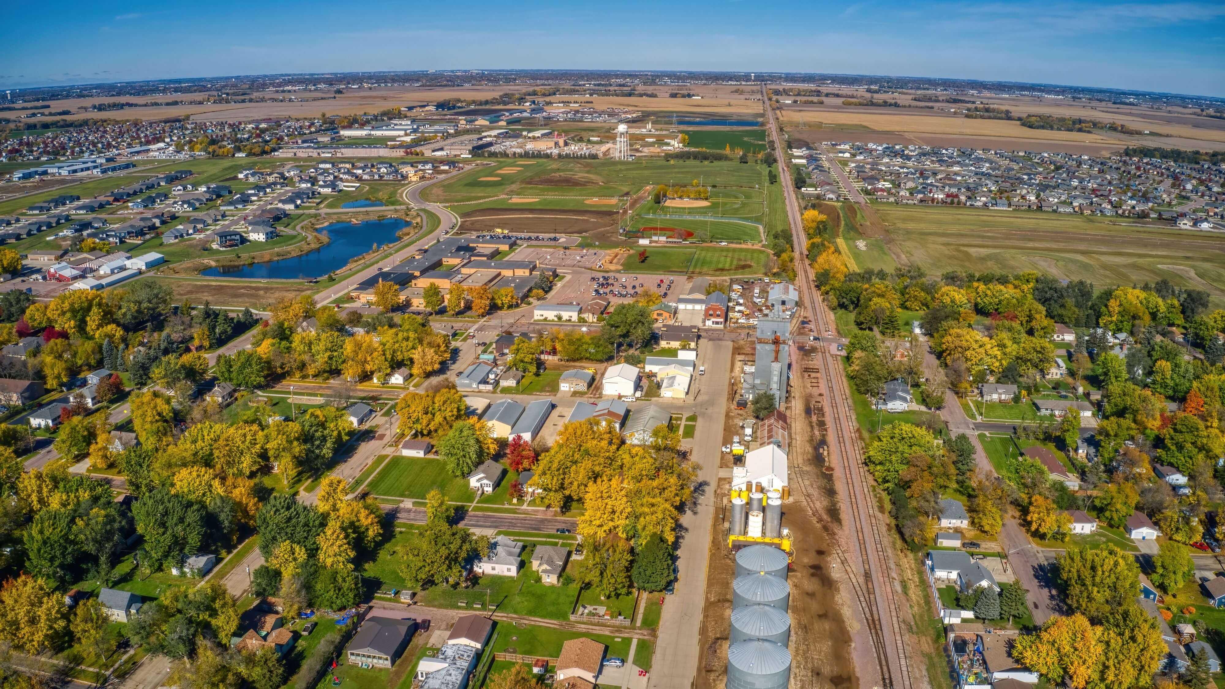 Aerial view of Tea, SD showing homes and neighborhoods, highlighting areas serviced by 605 Holiday Lighting for holiday and permanent outdoor lighting