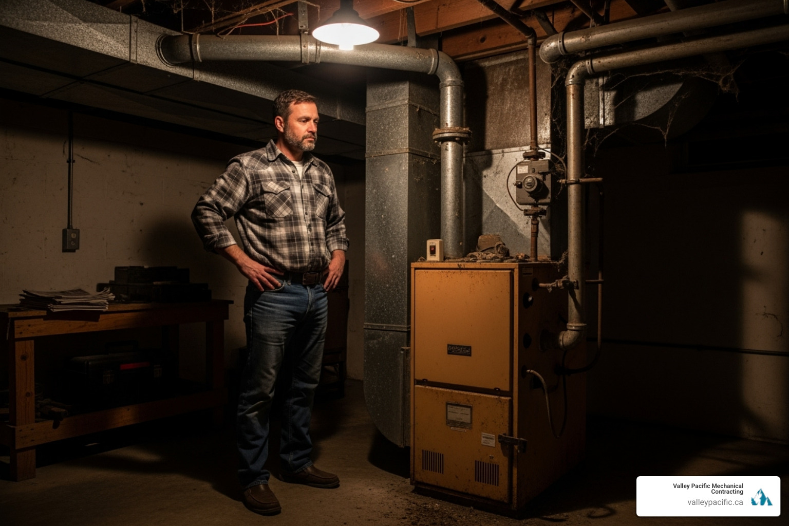 Homeowner looking thoughtfully at an older furnace - HVAC repair Coquitlam