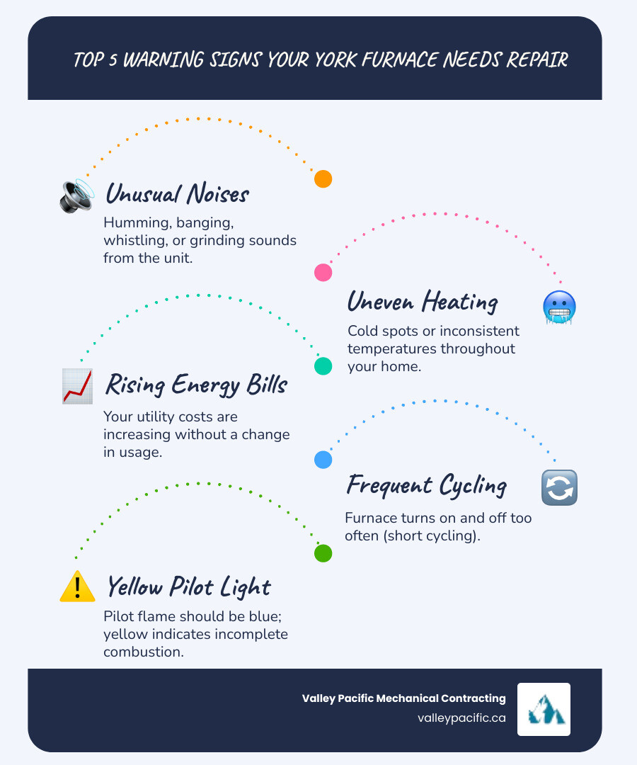 Infographic showing the top 5 warning signs your York furnace needs repair: unusual noises like humming or banging, uneven heating with cold spots in rooms, rising energy bills without increased usage, frequent on-off cycling or short cycling, and yellow pilot light instead of blue flame - York furnace repair infographic infographic-line-5-steps-blues-accent_colors