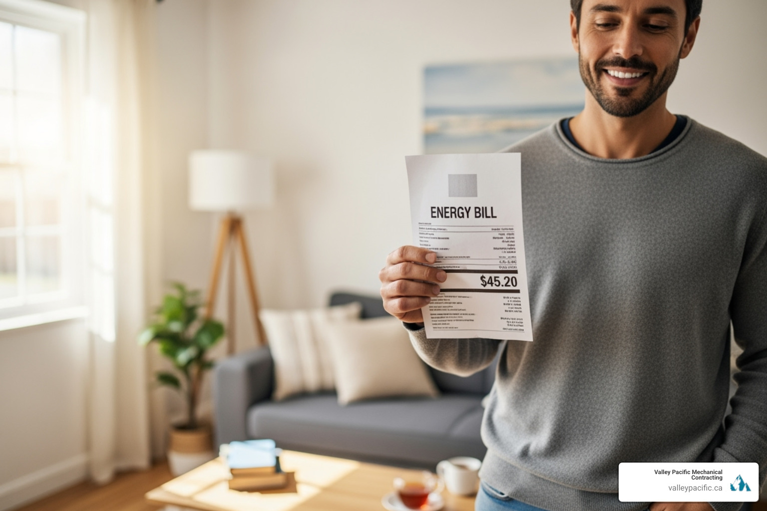 Homeowner looking relieved at their energy bill - HVAC preventative maintenance