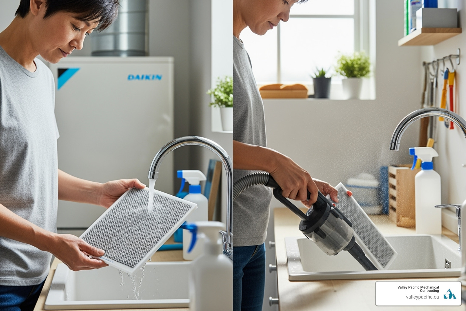 Homeowner cleaning reusable Daikin air filter - Daikin heat pump service
