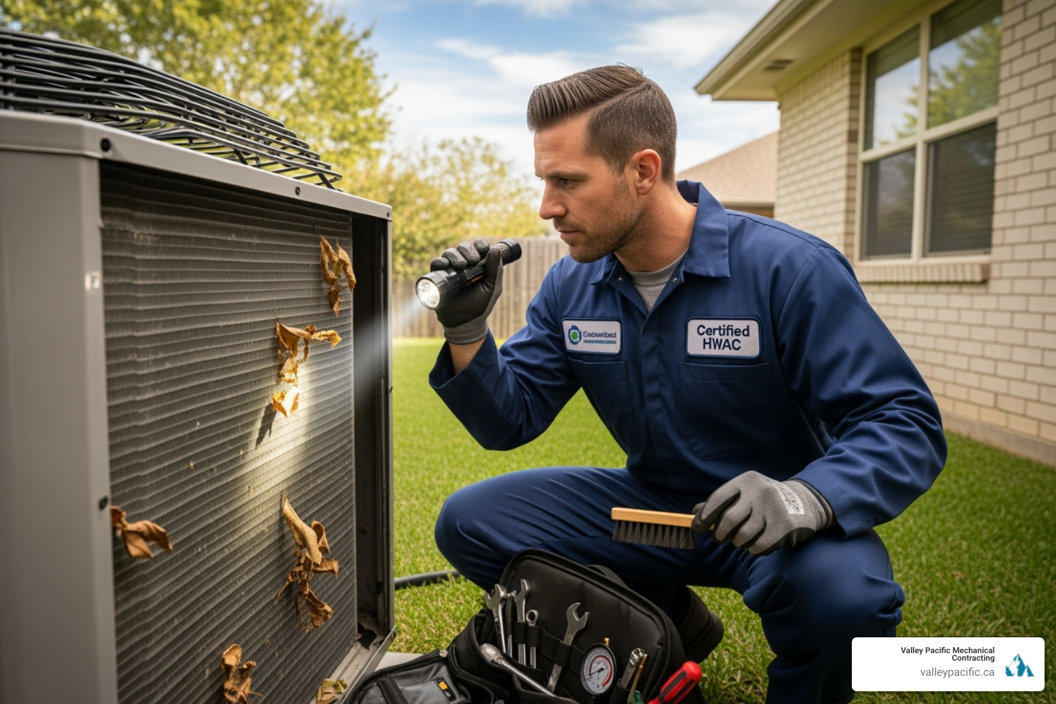 Certified technician inspecting heat pump coils - Daikin heat pump service