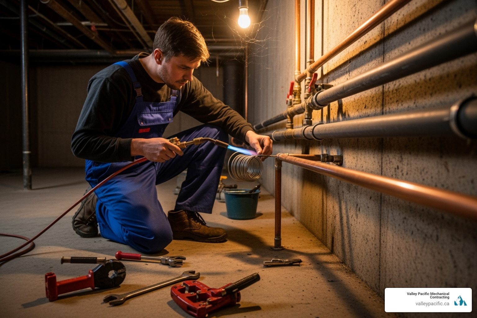A plumber repairing a section of copper pipe - burst pipe repair