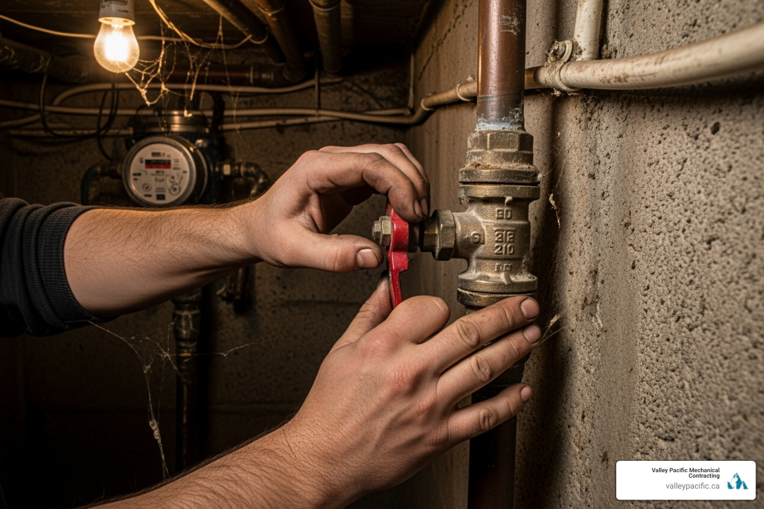 A person turning off a main water shut-off valve - burst pipe repair