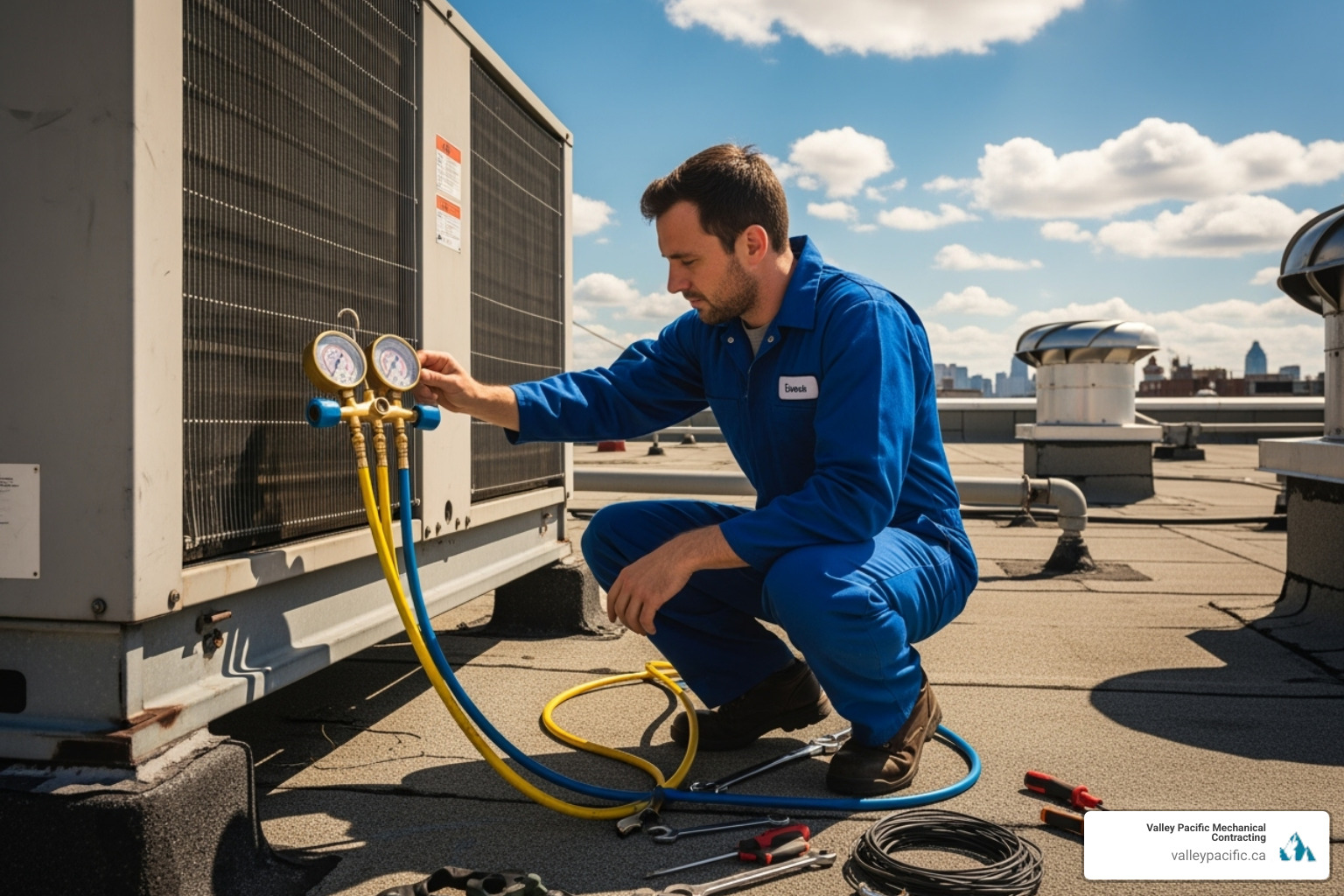 technician checking refrigerant levels on a commercial unit - HVAC system check