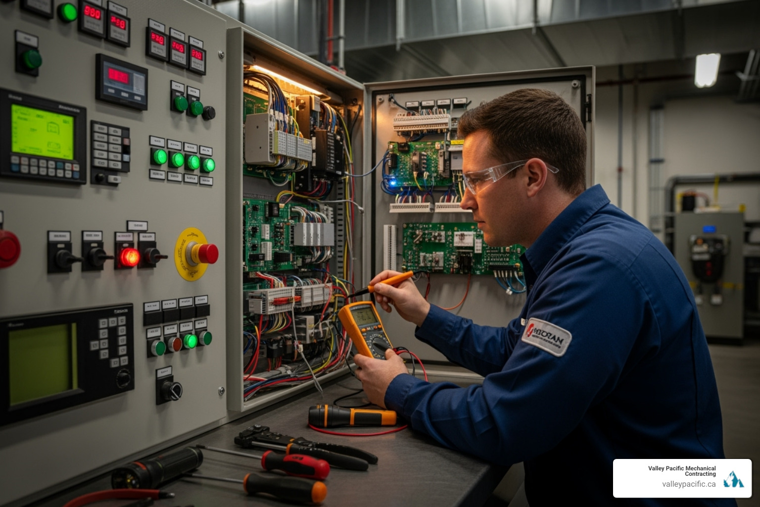 technician inspecting a commercial HVAC control panel - HVAC system check