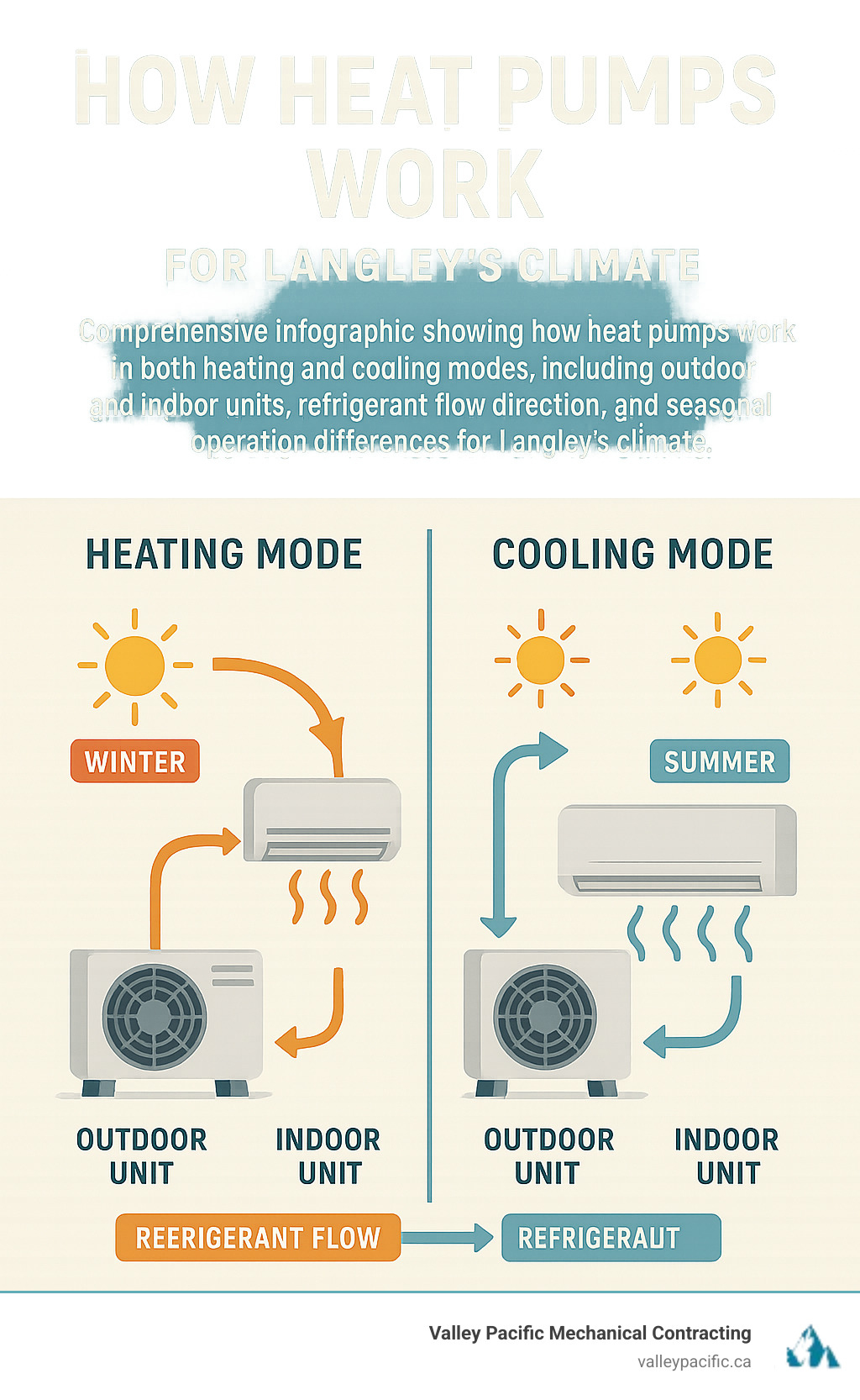 Comprehensive infographic showing how heat pumps work in both heating and cooling modes, including outdoor and indoor units, refrigerant flow direction, and seasonal operation differences for Langley's climate - heat pump service langley infographic 