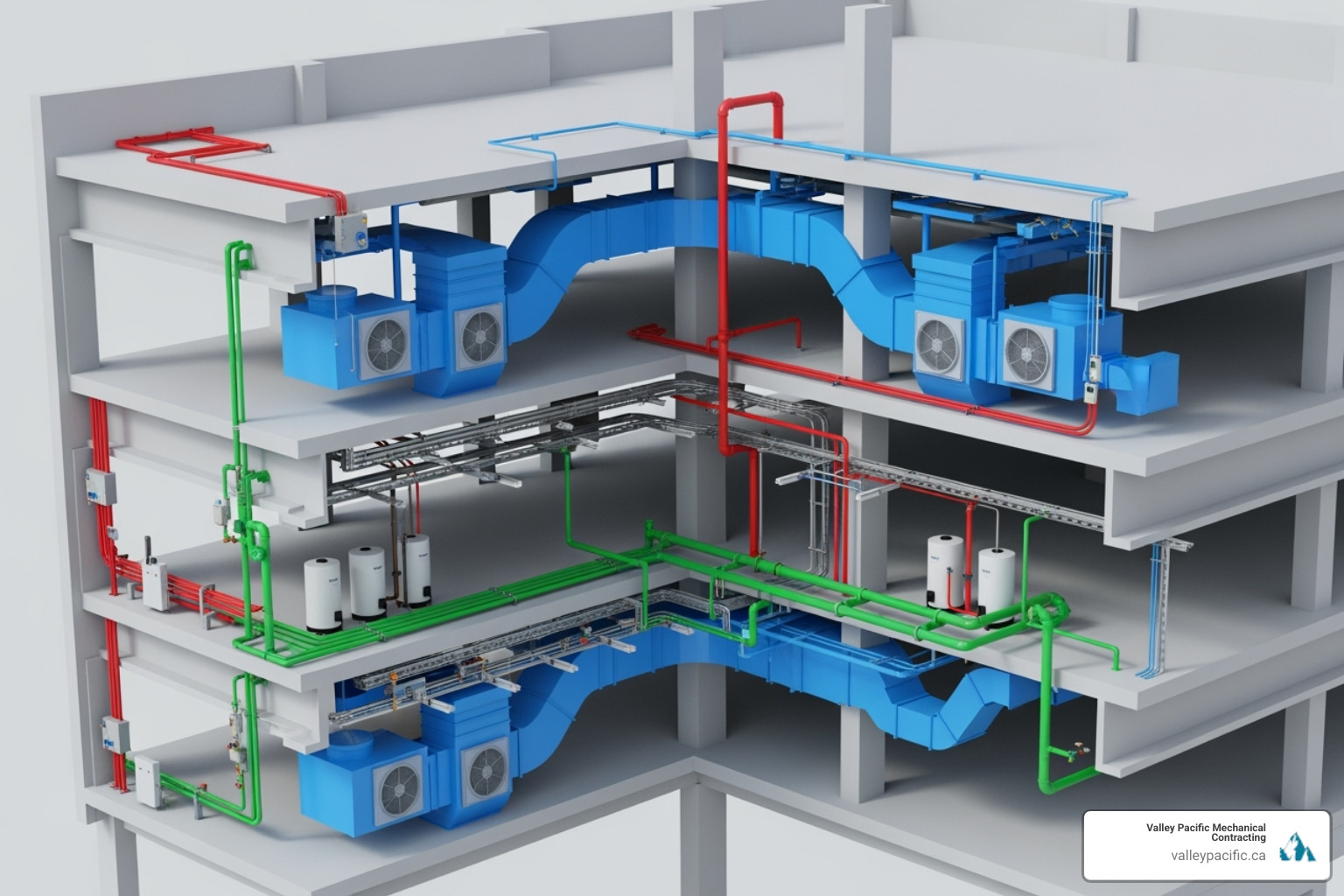 A BIM model showing MEP coordination with highlighted HVAC components - HVAC system design