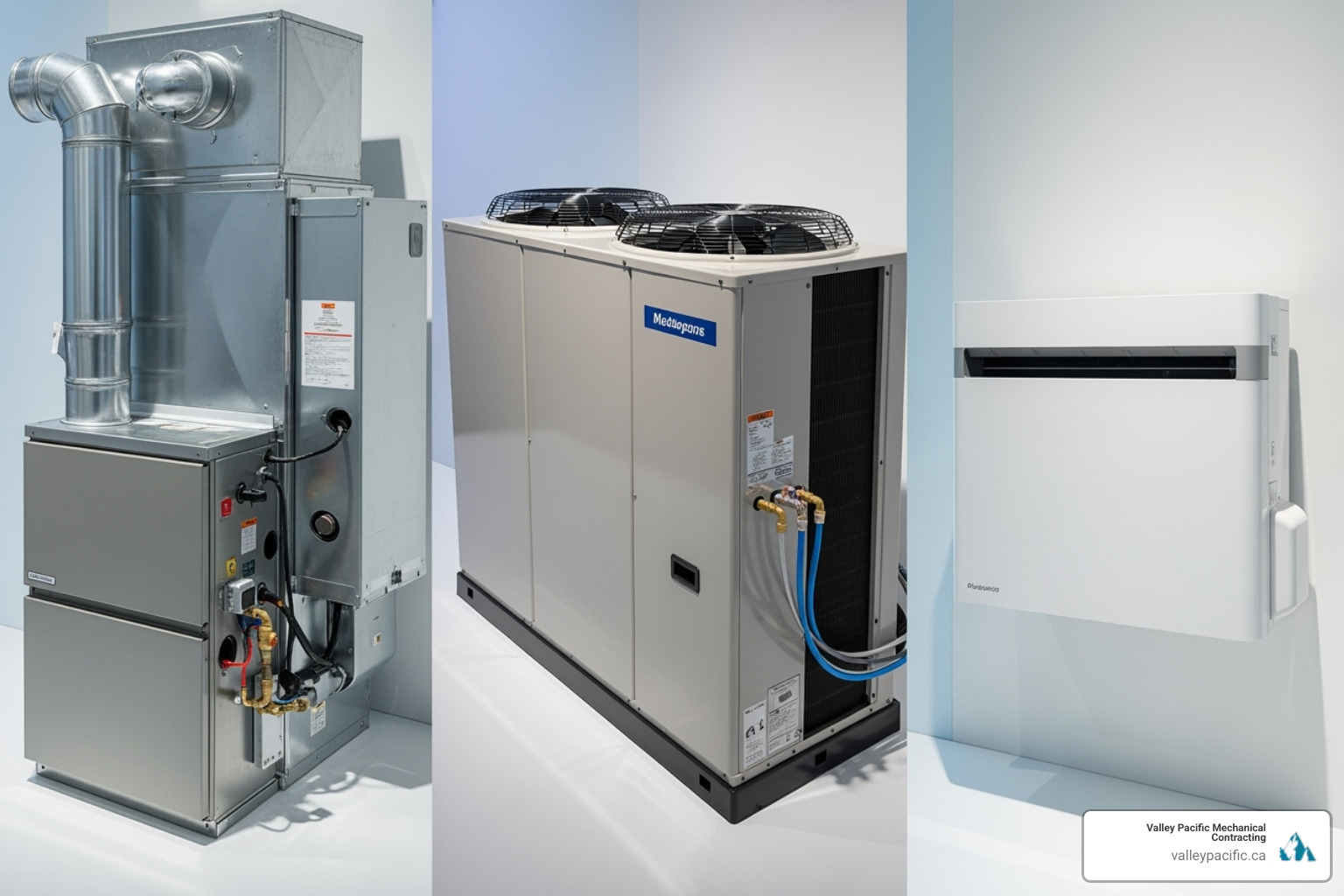 Different HVAC units like a furnace, a heat pump, and a ductless mini-split - HVAC system design