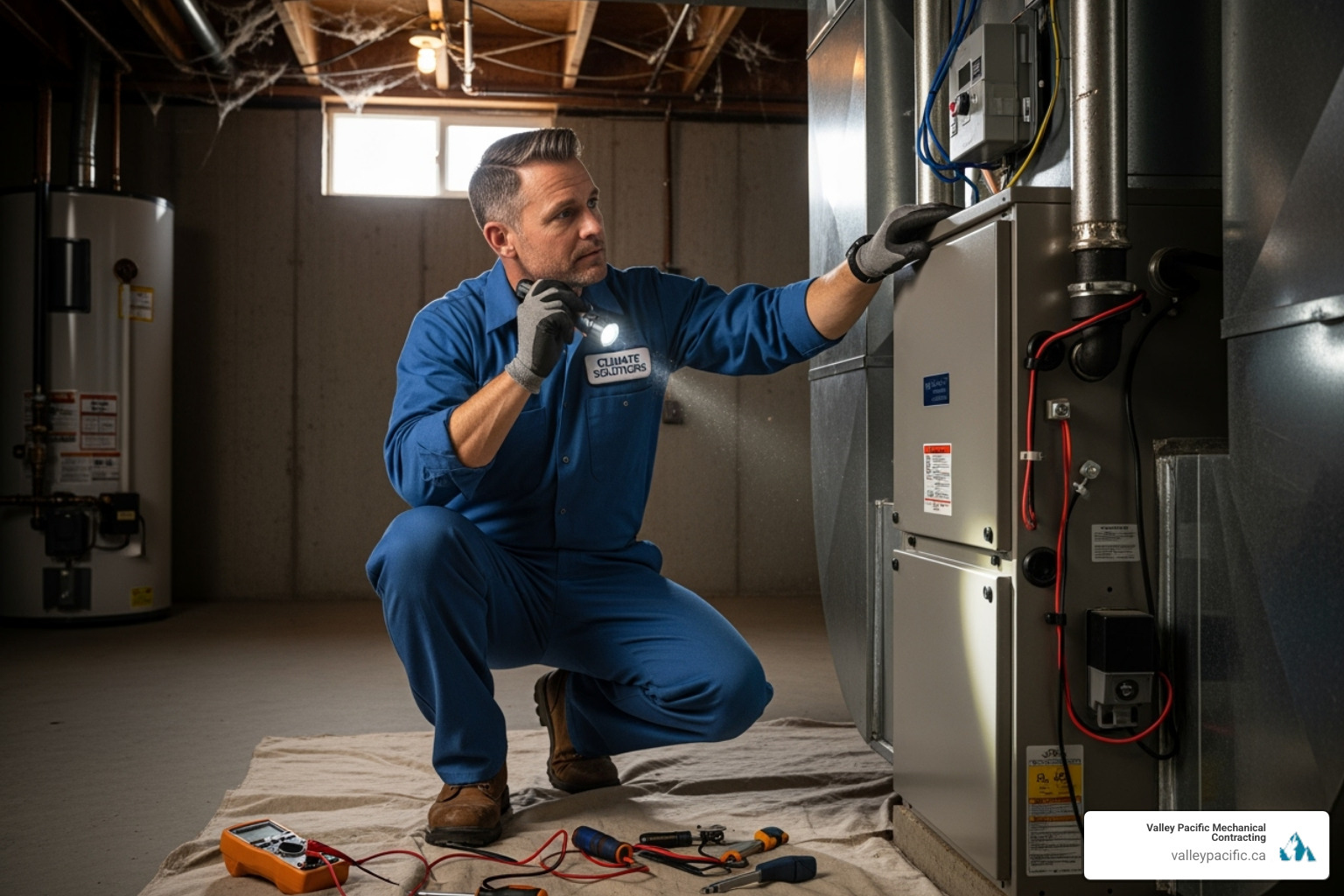 technician performing HVAC inspection - hvac maintenance langley