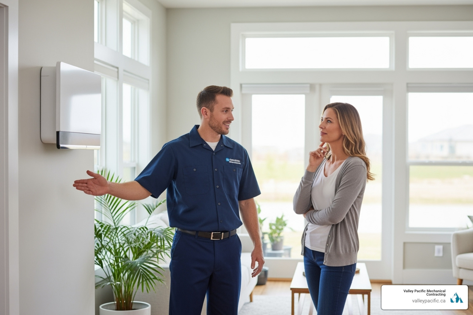 friendly technician discussing a heat pump with a homeowner - heat pump installation maple ridge