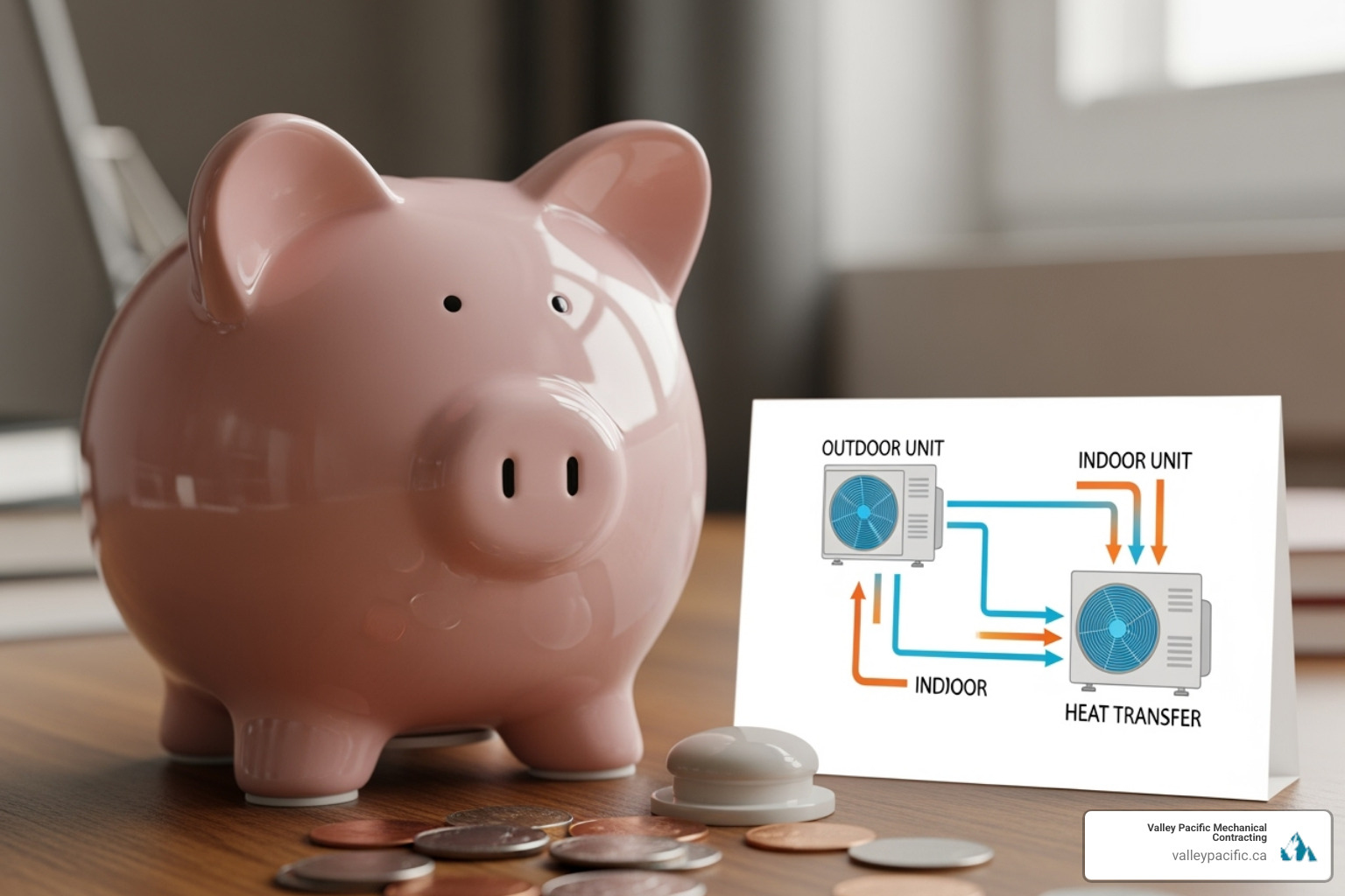 piggy bank next to a heat pump diagram - heat pump installation maple ridge