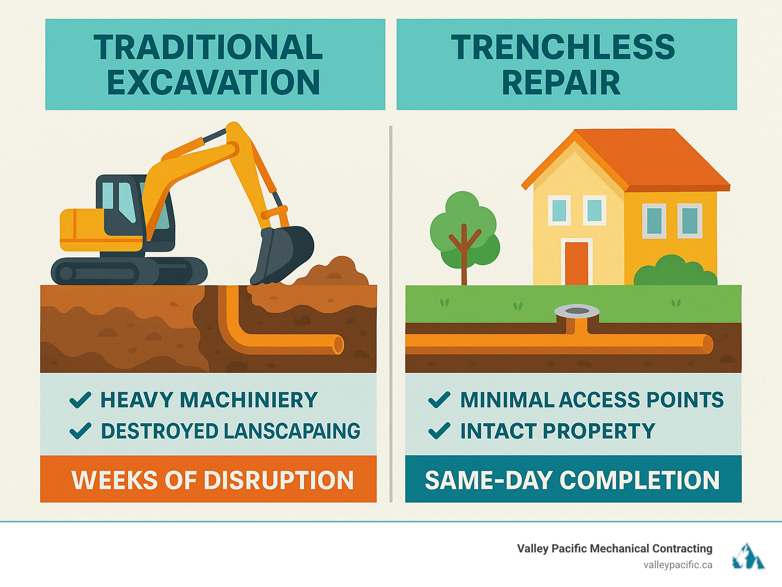 Comprehensive comparison infographic showing traditional excavation method with heavy machinery, destroyed landscaping, and weeks of disruption versus trenchless repair method with minimal access points, intact property, and same-day completion - trenchless pipe repair infographic 