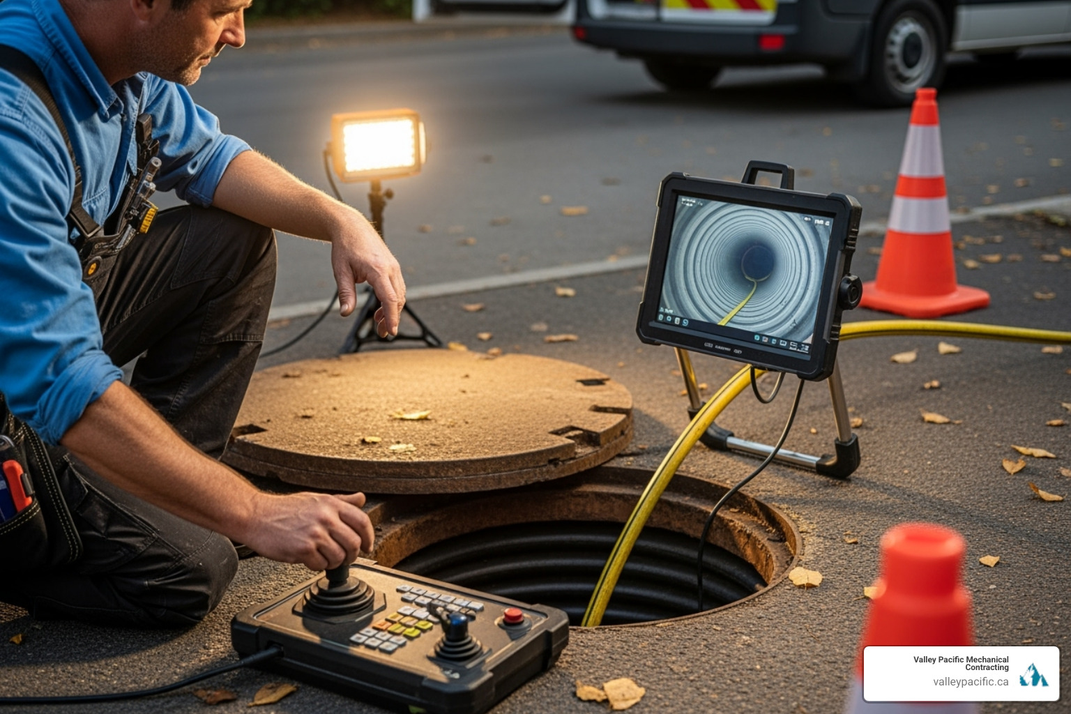 Plumber conducting a video camera inspection of a pipe - trenchless pipe repair