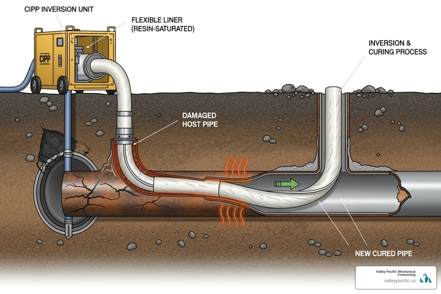 Illustration of the Cured-In-Place-Pipe (CIPP) process - trenchless pipe repair