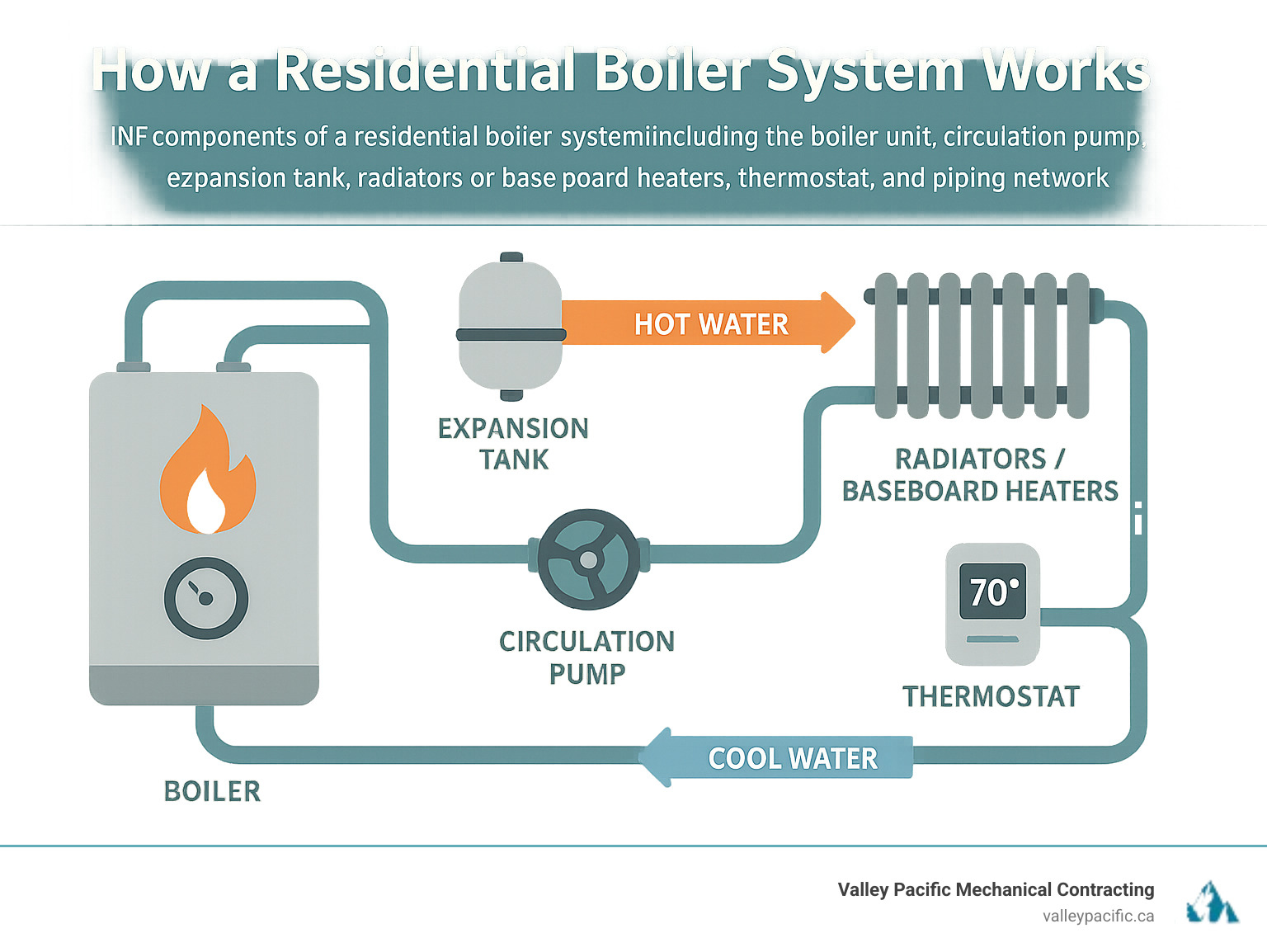Infographic showing the components of a residential boiler system including the boiler unit, circulation pump, expansion tank, radiators or baseboard heaters, thermostat, and piping network with arrows indicating hot water flow from boiler to heating elements and cool water return - boiler repair langley infographic 