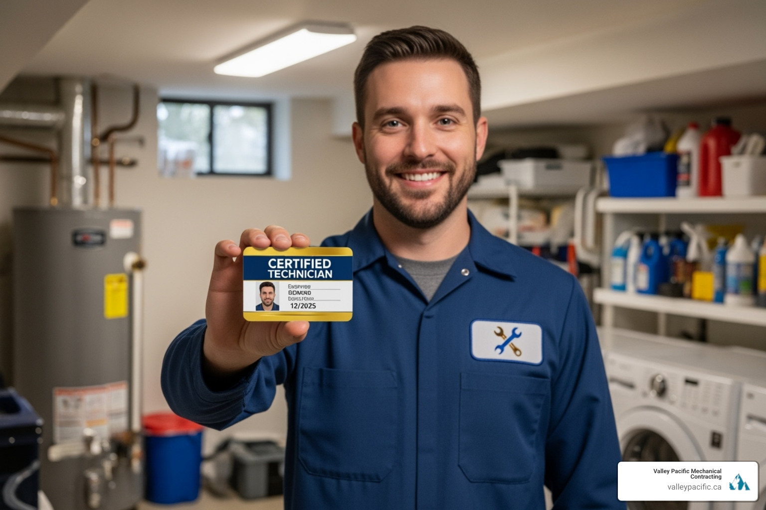 Friendly technician showing their certification badge - boiler repair langley