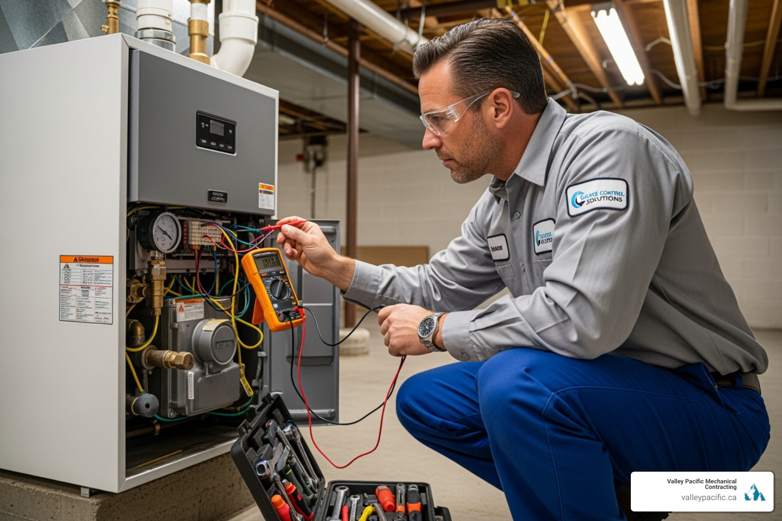 A professional technician inspecting a boiler with tools, emphasizing safety and expertise. - Boiler leaking water