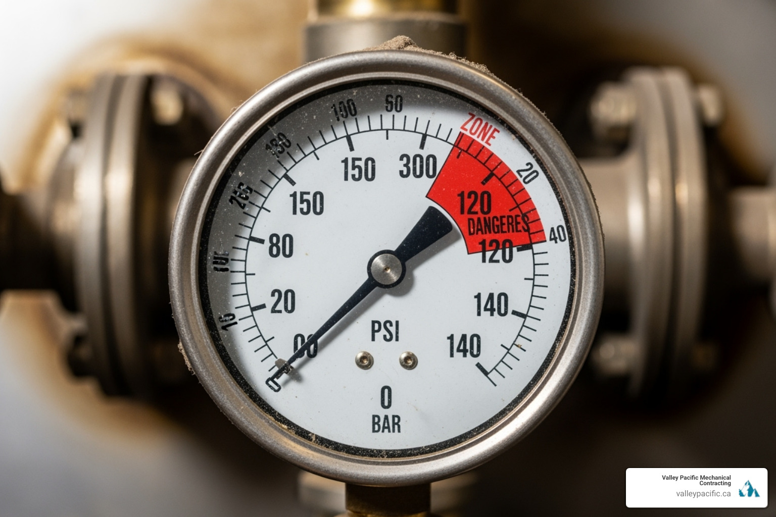 A boiler's pressure gauge showing the needle in the red zone, indicating dangerously high pressure. - Boiler leaking water