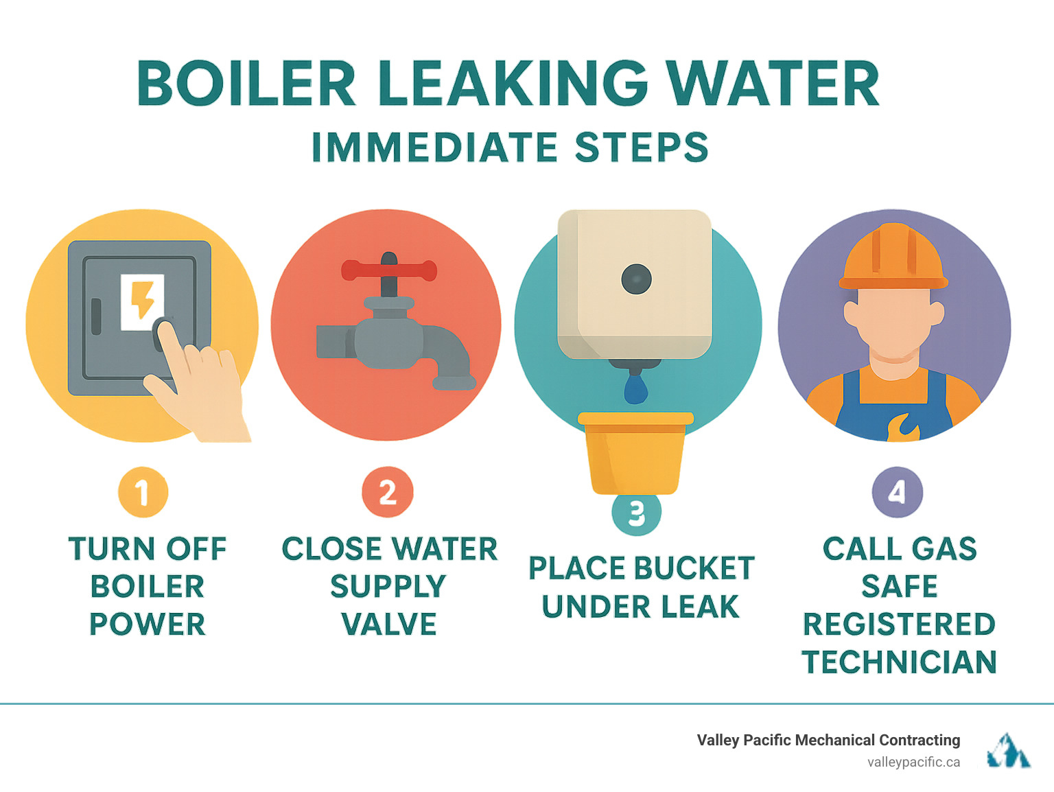 Infographic showing 4 immediate steps when boiler leaks: 1. Turn off boiler power at electrical panel, 2. Close water supply valve near boiler, 3. Place bucket under leak to catch water, 4. Call Gas Safe registered technician - Boiler leaking water infographic 