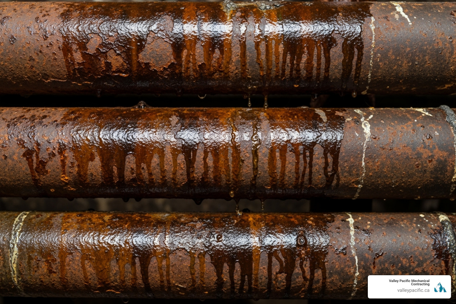 Corroded boiler pipes with visible rust and water stains. - Boiler leaking water