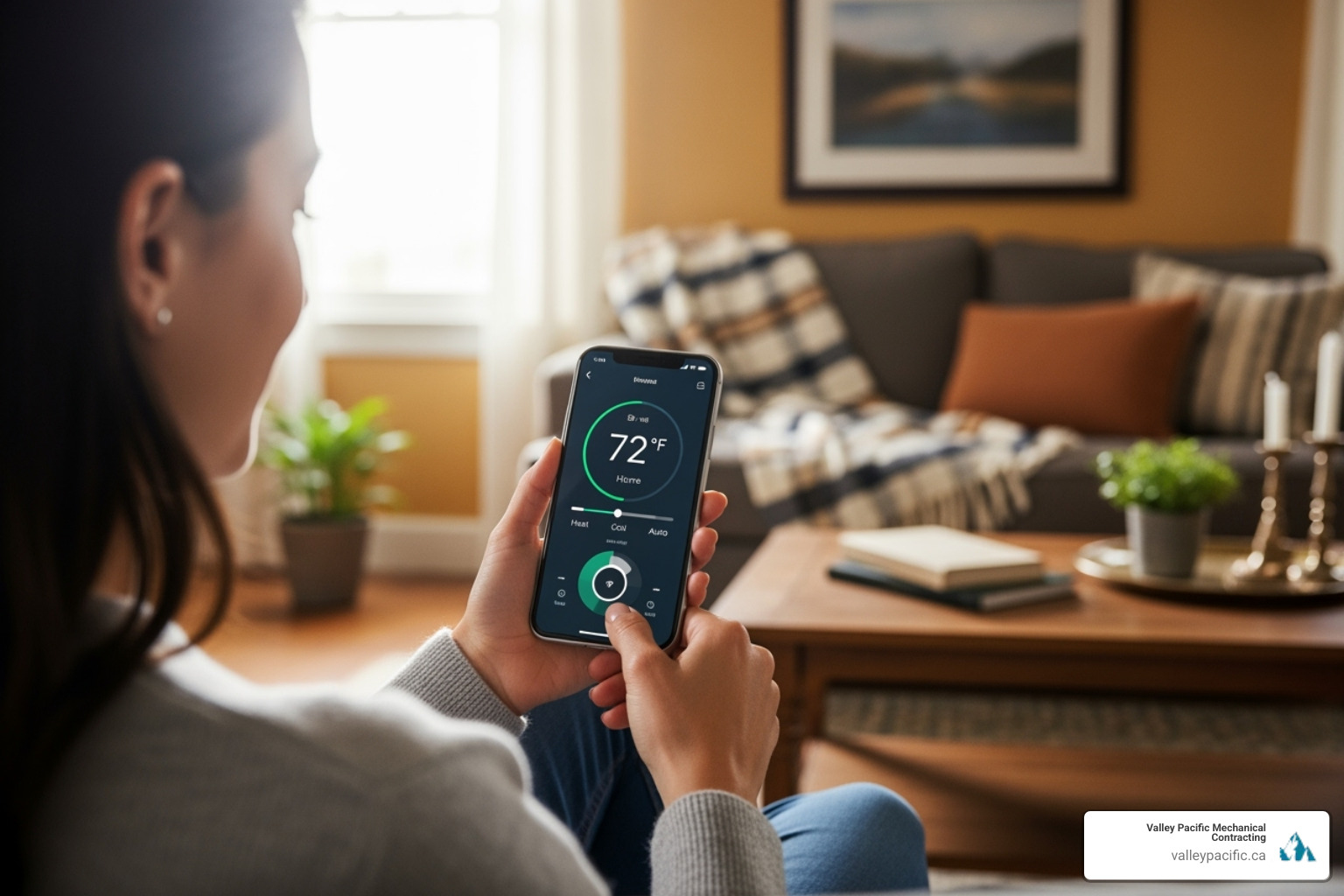 Homeowner using a smart thermostat app on their phone - HVAC system upgrades