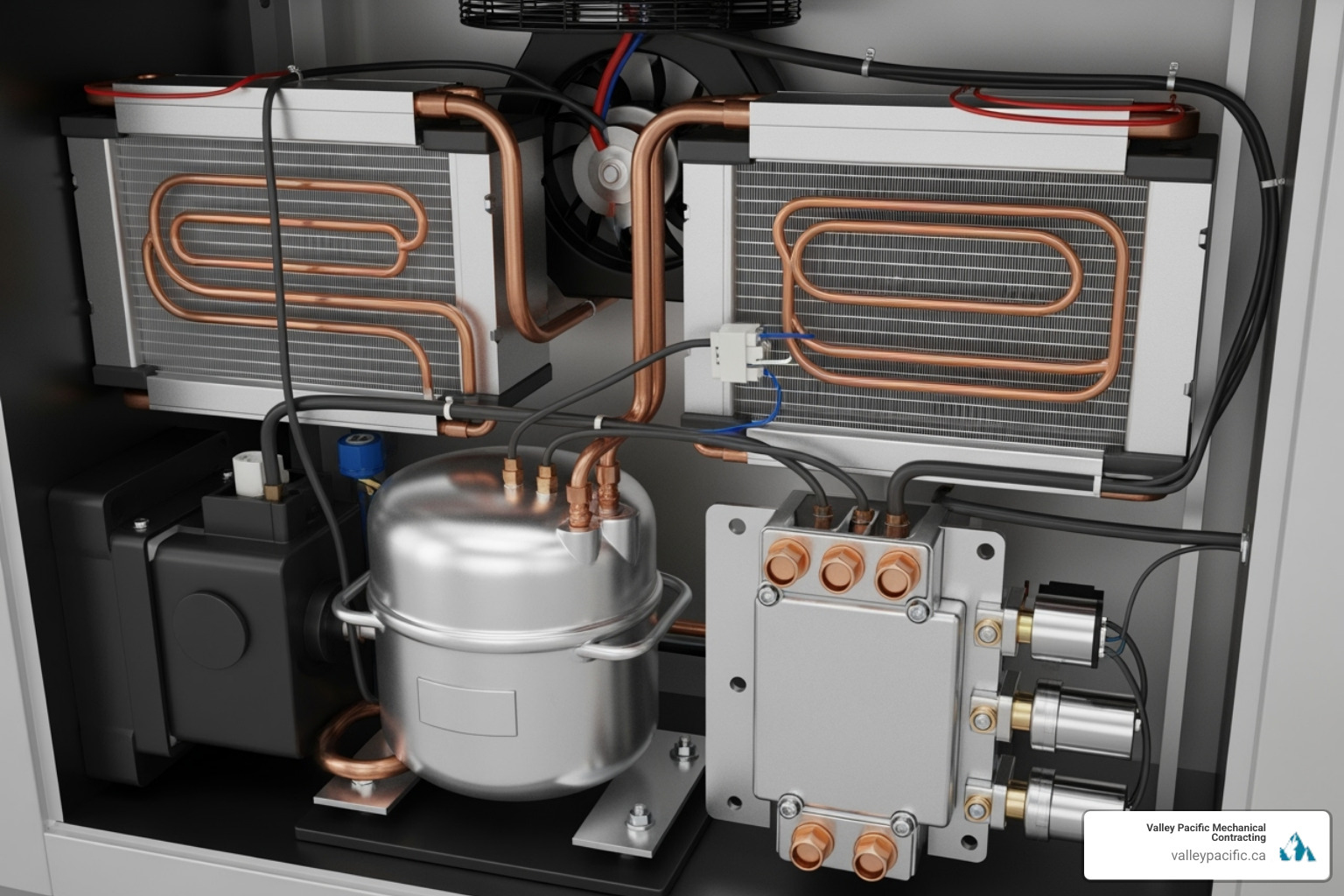 internal components of a heat pump showing the compressor and reversing valve - residential heat pump