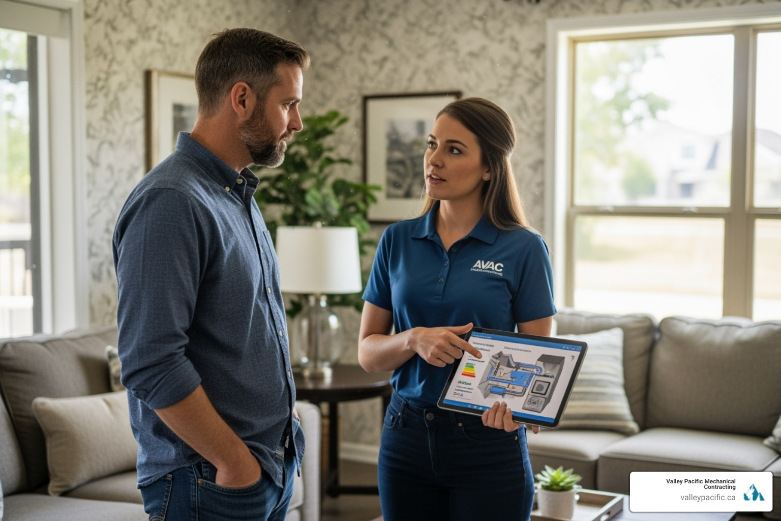homeowner discussing options with an HVAC technician - residential heat pump
