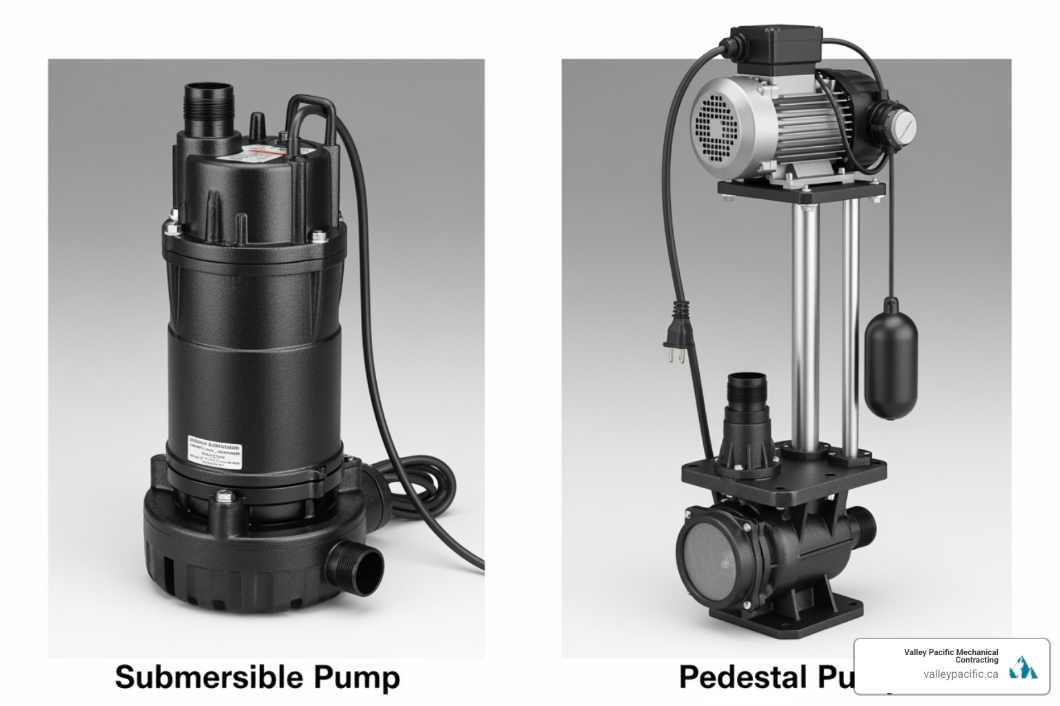 submersible pump next to a pedestal pump for comparison - sump pump repair
