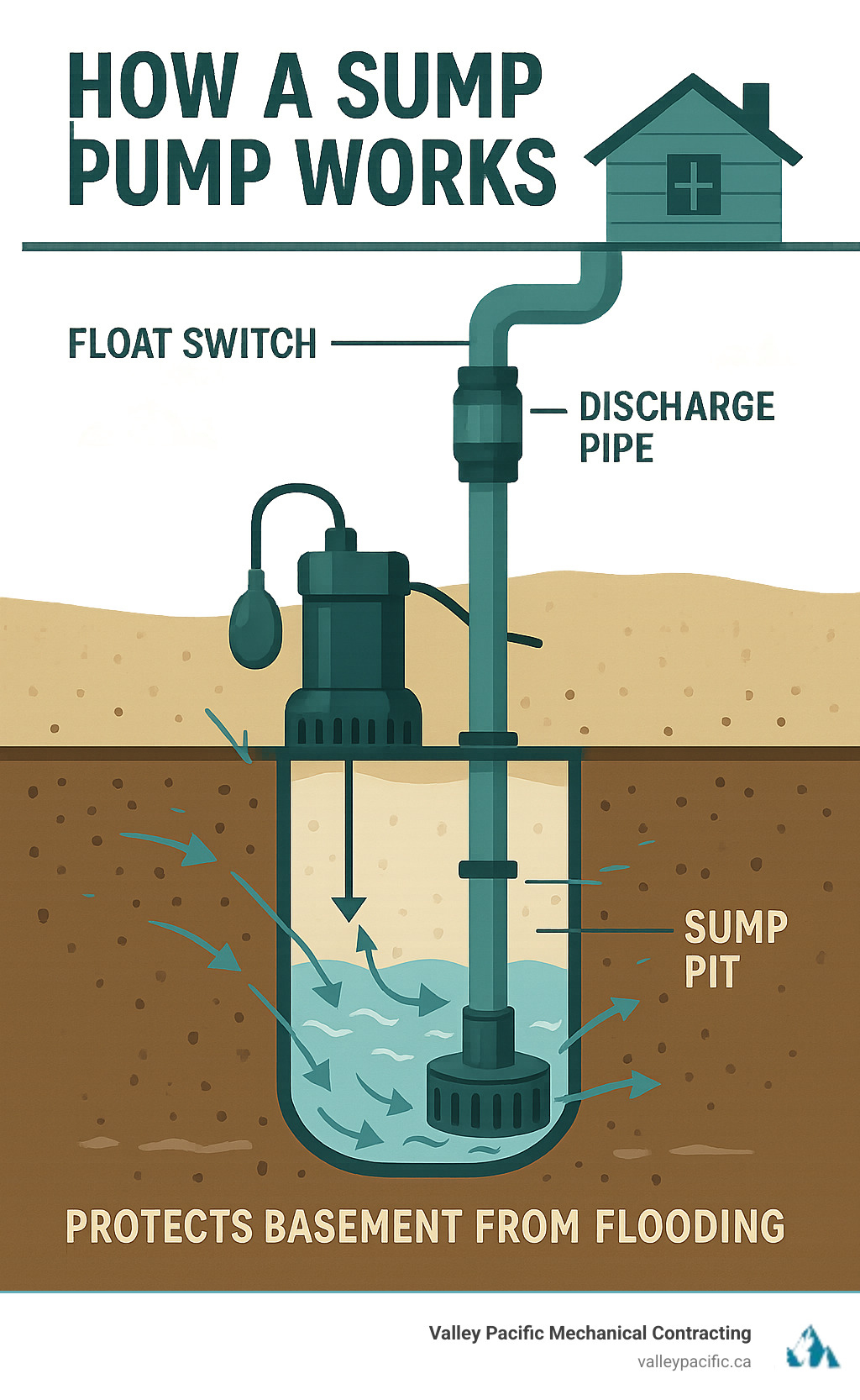 Detailed infographic showing sump pump system components including the pit, float switch, discharge pipe, check valve, and how water flows through the system to protect a home's basement from flooding - sump pump repair infographic 