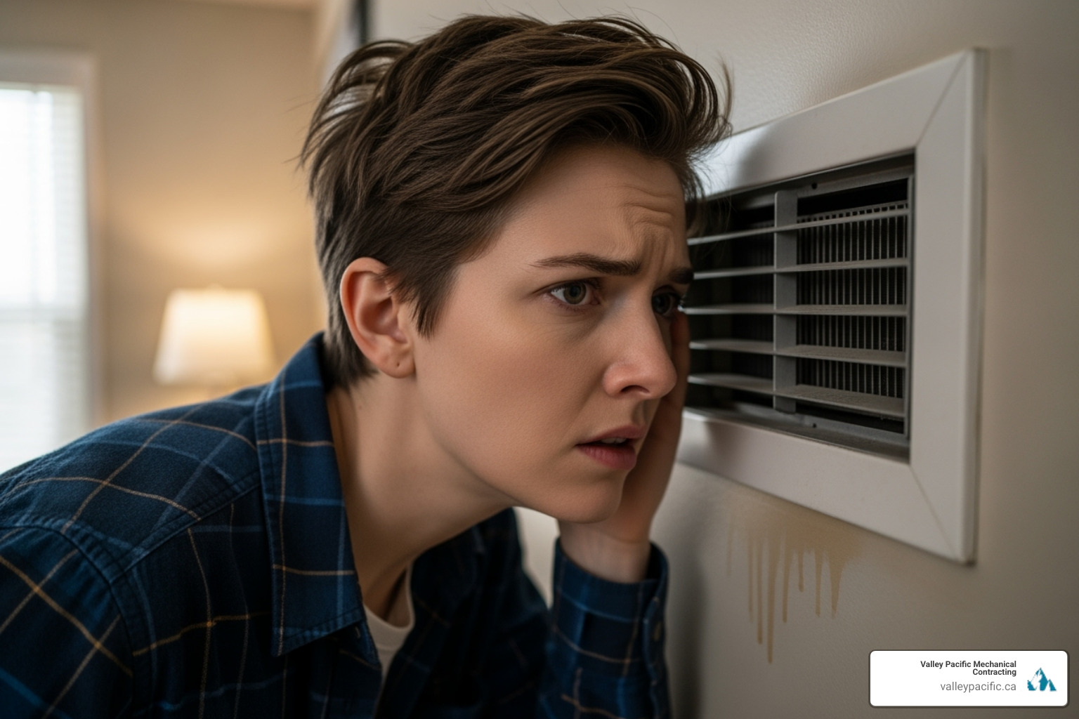 a person looking concerned at a noisy air vent - Preventative HVAC maintenance