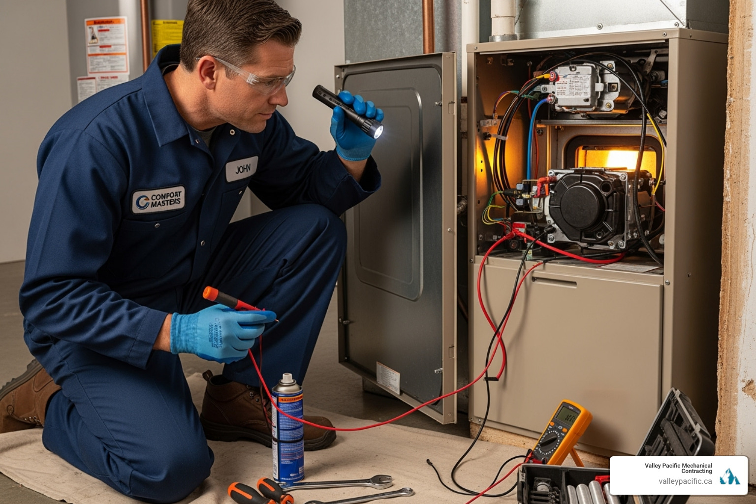 a uniformed technician carefully inspecting an indoor furnace unit - Preventative HVAC maintenance