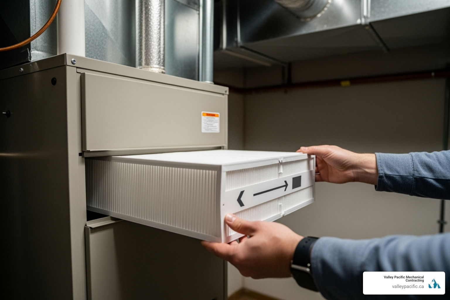 a homeowner easily sliding a clean new filter into an HVAC unit - Preventative HVAC maintenance