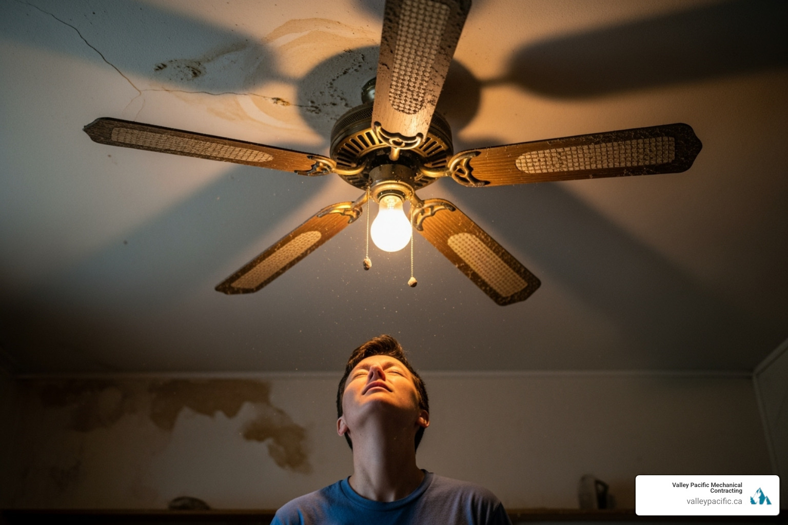 a person looking up at a dusty, noisy ceiling fan - exhaust fan repair